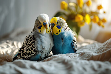 pet budgies perched together, embracing in warm soft-lit home setting. Great for promoting pet friendly spaces and animal welfare messages