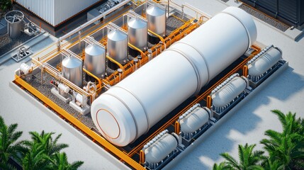 A cutaway 3D render of a pyrolysis reactor breaking down agricultural residues, with char, oil, and syngas outlets feeding separate storage tanks and engine modules