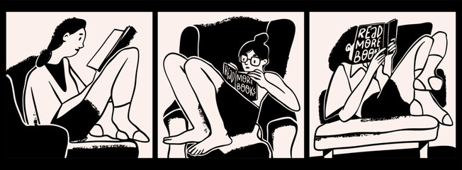 Young women sitting on armchair and reading books. Comfortable poses. Relax, stay home, education, coziness, rest, hobby, lazy time concept. Hand drawn Vector illustration. Isolated design elements
