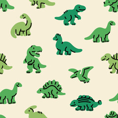 Various little Dinosaurs. Cute dino characters. Hand drawn Vector illustration. Print, poster, nursery, kids apparel, baby party invitation, card, child clothes design template. Seamless Pattern