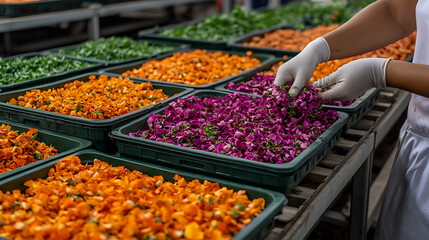Floral Harvest: Colorful blooms sorted and prepared for use in a variety of products, highlighting the beauty and versatility of natural ingredients.