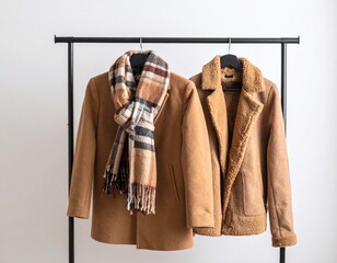Camel Coats and Plaid Scarf on Clothing Rack