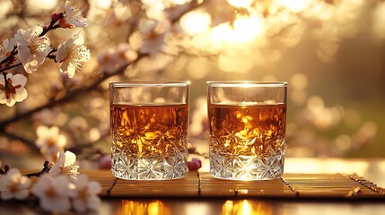 Two glasses of Umeshu a tatami mat with plum blossoms in the background warm golden hour light streaming from the side shallow depth of field blurring the background to focus on the glasses
