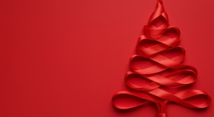 Festive Red Ribbon Christmas Tree on a Red Background Photo