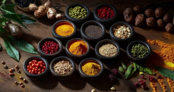 Colorful composition of various spices and herbs on a wooden background. Colorful array of healthy food including fruits and vegetables. Healthy eating. Top view with copy space