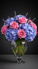 Floral Bouquet Photo featuring Pink Roses Blue Hydrangeas and Lavender in Glass Vase