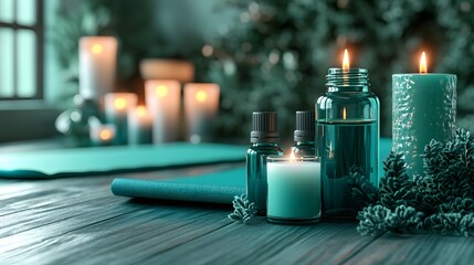 Serene Teal Spa Setting, Candles, Oils, and Yoga Mat