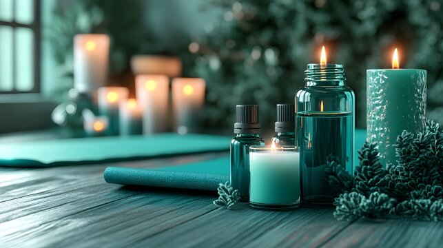 Serene Teal Spa Setting, Candles, Oils, and Yoga Mat