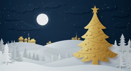 Naklejka premium Gold Christmas Tree And Winter Night Scene Illustration In Paper Cutout Style