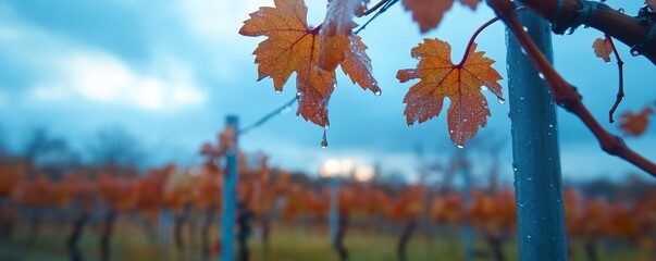 Autumnal foliage with rain drops in atmospheric outdoor setting