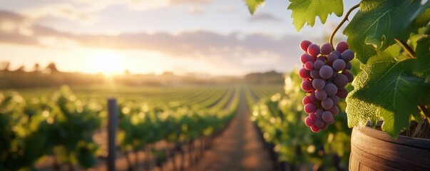 Vineyard landscape with grape bunch at sunset agriculture and wine production
