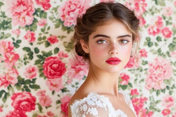 Elegant woman portrait with floral background beauty and fashion image
