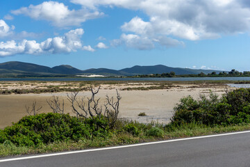 Foto paesaggistica della laguna di Porto Pino in Sardegna, con colline, nuvole, e riva sabbiosa  con cespugli spinosi e rami secchi