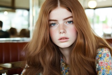 Portrait of young person with freckles and red hair long hairstyle fair skin in soft lighting
