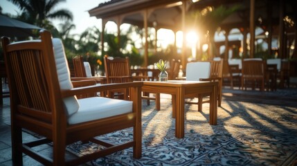 Outdoor patio furniture arrangement under sunlight for relaxation and hospitality