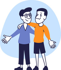 Friendly Hug Between Two Happy Male Friends, Cartoon Style Illustration