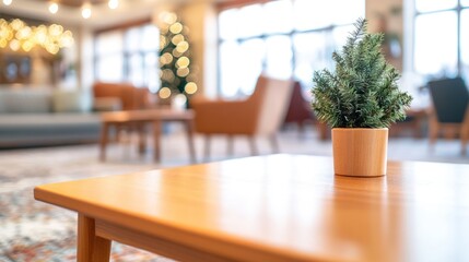 Miniature fir tree on wooden table holiday indoor decoration