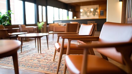 Relaxing retro lounge area with comfortable armchairs and natural light