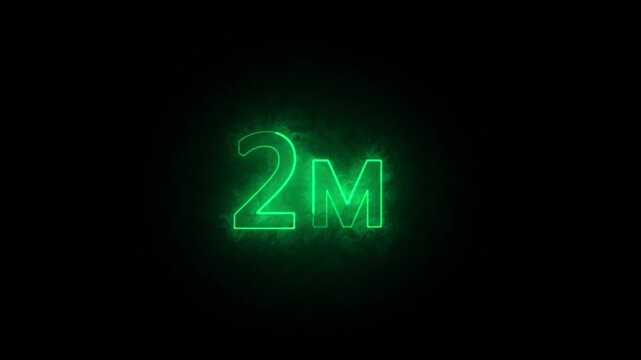 2M two million neon glowing text animation on black background, 1 Million achievement for social media videos animation.