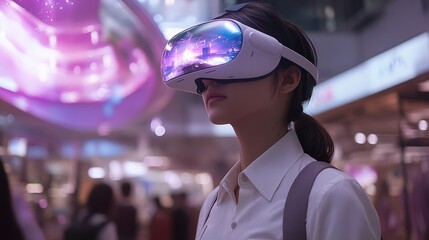 Person exploring virtual reality experience with modern vr headset amid urban setting
