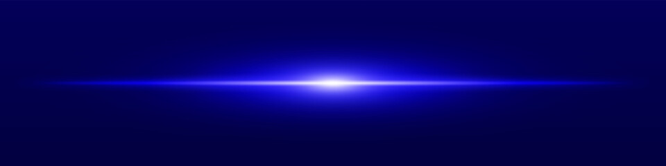 Blue light beam. Sharp linear glow on dark blue background with radiant core, soft edge and tech-style brightness. Ideal for sci-fi, speed, energy, light source.