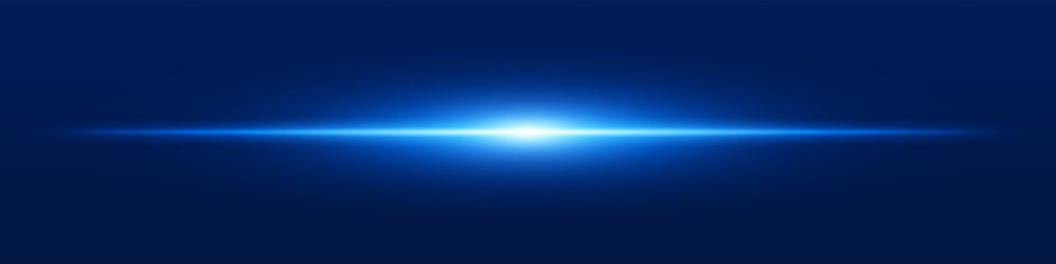Blue light beam. Sharp linear glow on dark blue background with radiant core, soft edge and tech-style brightness. Ideal for sci-fi, speed, energy, light source.