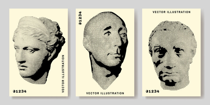 Head stylized with numbers. Vector. Digital graphic for posters, banners, flyers, cover, historic artwork, ancient picture. Vintage engraving Plaster head of Diana, Niccolo da Uzzano, Gattamelata.