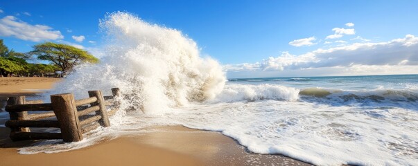 Ocean wave crashing on sandy beach seashore nature