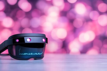 Virtual reality headset reflecting digital waveform on abstract bokeh background