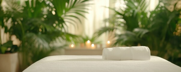 Spa retreat with treatment bed and natural greenery for relaxation