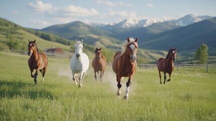 Horses running freely in open field with mountain backdrop