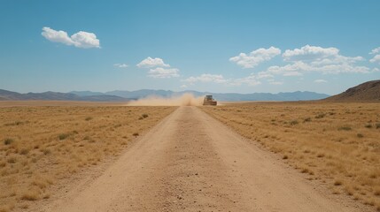 Vehicle on desert road under blue sky landscape exploration adventure