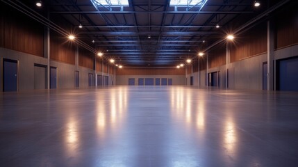 Empty warehouse interior with polished concrete floors and natural skylight illumination