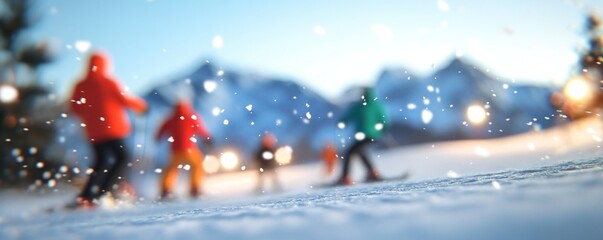 Skiers enjoying snowy winter day on mountain slope active recreation
