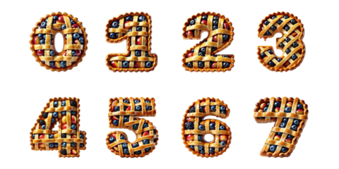 Creative food typography using pie designs shaped as numbers 0, 1, 2, 3, 4, 5, 6, and 7 : Numbers made from fruit-filled lattice pies with berries and apples