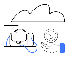 Cloud above a business briefcase and a coin hovering over an outstretched hand. Ideal for finance, technology, cloud computing, digital wallets, business solutions, payment platforms, simple landing