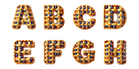 Creative food typography using pie designs shaped as letters A, B, C, D, E, F, G, and H : Letters A, B, C, D, E, F, G, and H made from fruit-filled lattice pies with blueberries and apples