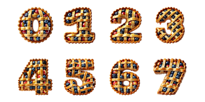 Creative food typography using pie designs shaped as numbers 0, 1, 2, 3, 4, 5, 6, and 7 : Numbers made from fruit-filled lattice pies with berries and apples
