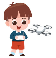 Cartoon Boy Flying a Drone with Remote Control
