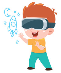 Cartoon Boy Exploring Space with VR Glasses
