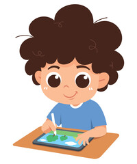 An adorable cartoon boy is sitting at a table while using a digital pen to draw on a tablet.