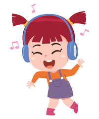A cheerful cartoon girl is dancing joyfully while listening to music through large headphones.