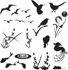 Silhouetted Birds and Flora v...