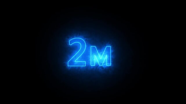 2M two million neon glowing text animation on black background, 1 Million achievement for social media videos animation.
