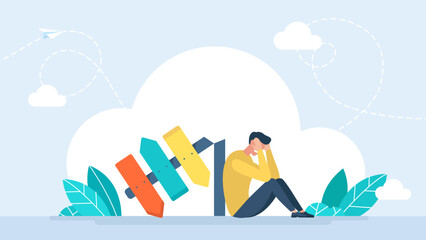 A man sits on the floor with his head in his hands. Cut off direction indicator. Businessman in front of a choice, chooses the path. A man is thinking near the direction indicator. Vector illustration