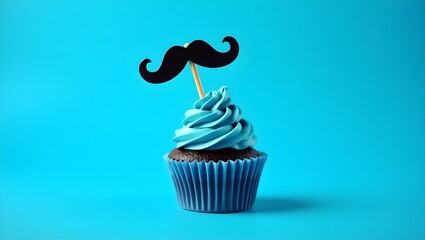 Fathers day cupcake with blue frosting and mustache decoration