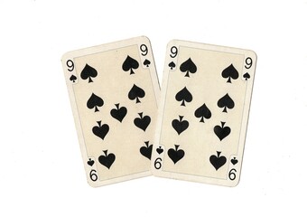 A pair of identical vintage playing cards isolated on a white background.