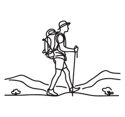 Line Art Hiker with Backpack & Hiking Stick: Minimalist Illustration of Outdoor Adventure, Trekking, and Nature Exploration