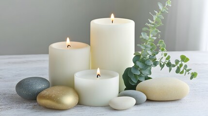 Serene Spa Still Life,  Three Burning Candles with Stones and Eucalyptus