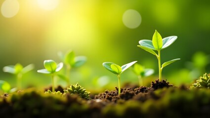 The focus is on small, delicate green plants sprouting from a bed of moss or soil background